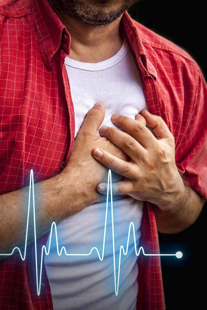 Man with chest pain because of slow heart rate. Cardiovascular physical therapy can help preventing chest pain and heart attacks