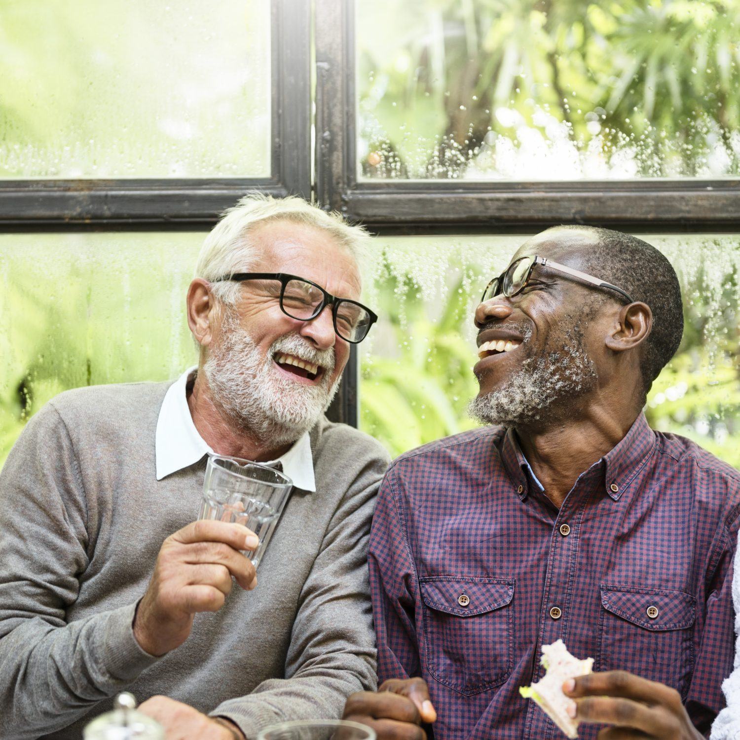 Two elderly men having fun and laughing which will benefit their health