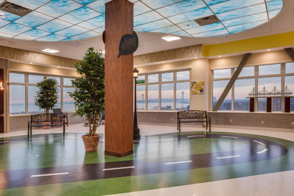 Haym Salomon Home Nursing Home Interior Shot with sunset view of New York.