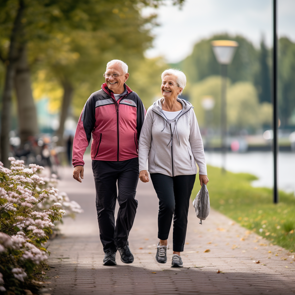 Happy elderly couple walking in the park to manage diabetes.